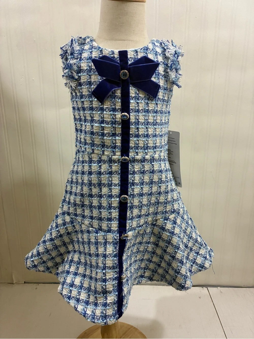 Blue Tweed Girls Dress with Velvet Bow